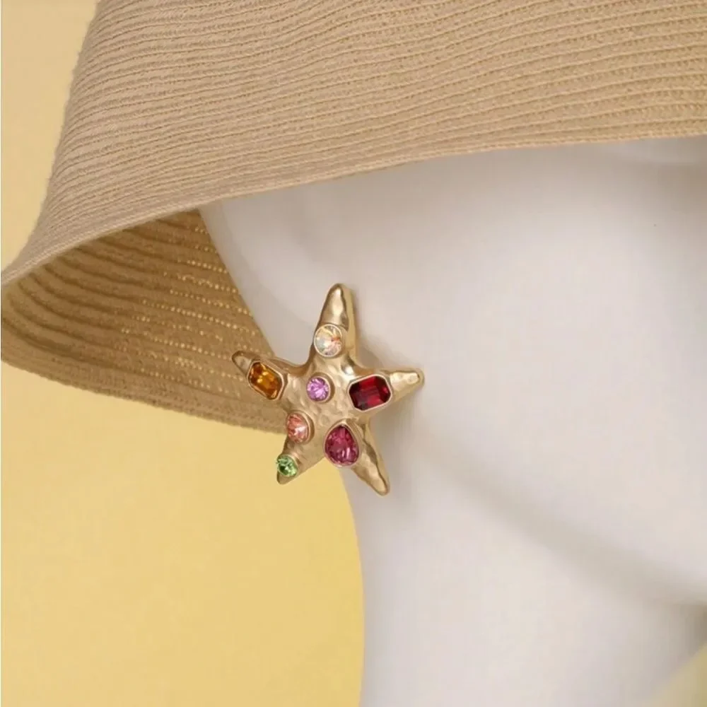Gold Starfish Earrings with Colorful Gems R20
